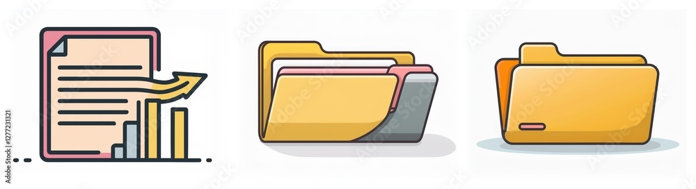 Fototapete Three icons illustrate data and file organization: a document with an increasing bar chart, a folder with multiple documents, and a single folder.