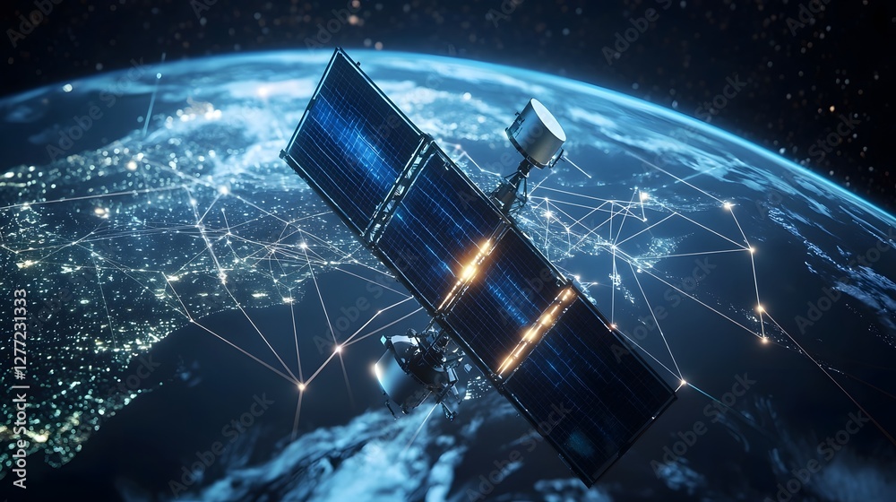 Aufkleber futuristic communication satellite orbiting earth with glowing data connections capturing the global
