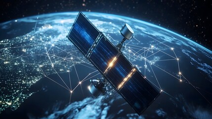 Futuristic communication satellite orbiting Earth with glowing data connections capturing the global digital network and the future of high tech space based infrastructure