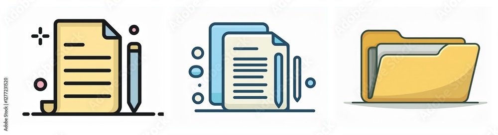 Leinwandbilder three document icons: one with a pencil, one stacked, and one folder. representing file management a