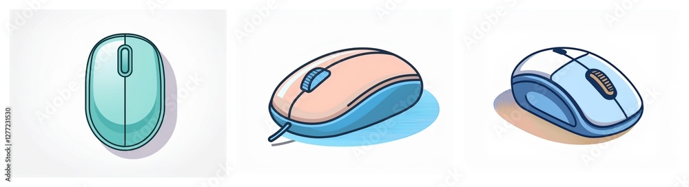Poster three computer mice in teal, peach, and blue colors are displayed against a white background. differ