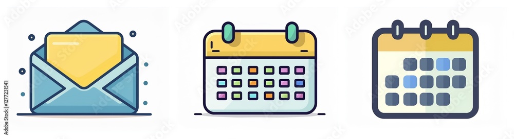 Poster Three icons depict office organization: an open envelope revealing a yellow card and two calendars showing dates and scheduling.