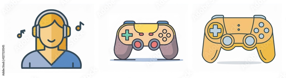 Poster icons depict a person with headphones enjoying music notes, alongside two distinct game controllers,