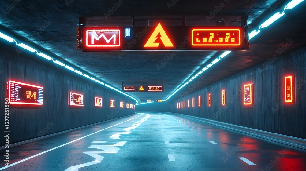 Poster futuristic smart tunnel with digital traffic signage and emergency lighting systems showcasing advan