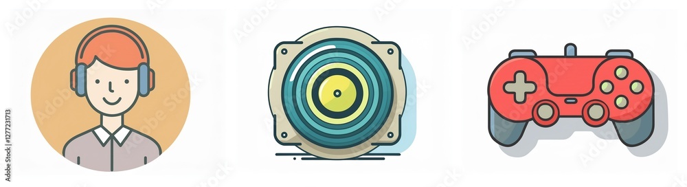 Aufkleber three icons depict a person with headphones, a speaker and a gamepad in a flat design with outlined 