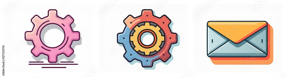 Poster three stylized icons are displayed: a pink gear, a multicolored gear, and an orange envelope, all wi