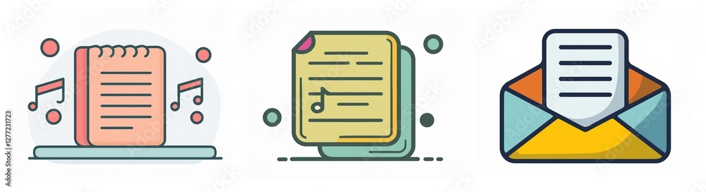 Poster icons of a spiral notebook with music notes, sheets of paper with a musical note, and an envelope wi