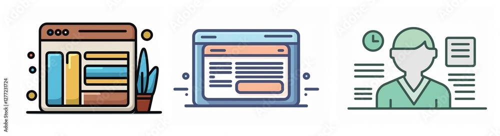 Fototapete icons depict website layout, online form and person with clock docs, illustrating web design, online