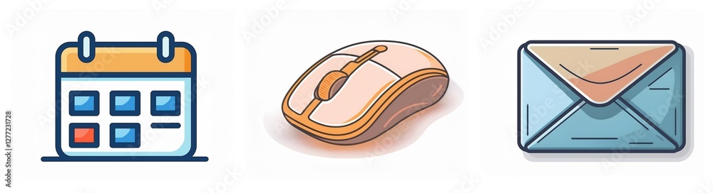 Aufkleber Image shows three icons: a calendar for scheduling, a mouse for computer input, and an email envelope for digital communication.