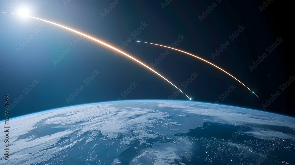 Fototapete glowing arcs of satellite orbit paths illustrated over the illuminated sphere of the earth from the 