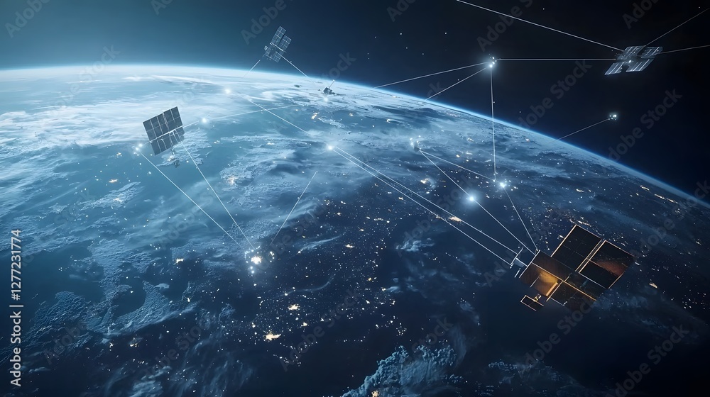 Aufkleber glowing and vibrant earth surrounded by a network of interconnected satellites in orbit depicting gl