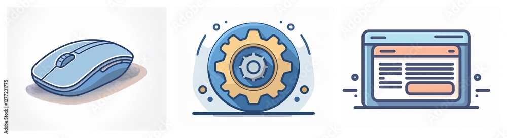 Aufkleber Vector icons depict a computer mouse, a gear within a circle, and a browser window, symbolizing computer interaction, settings adjustment, and internet navigation.