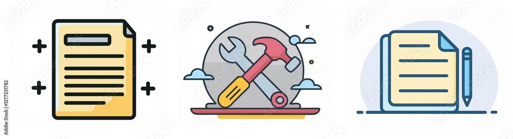 Poster three icons showcase document creation, repair tools, and document editing. they represent paperwork