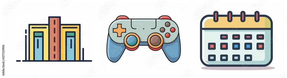 Aufkleber three colorful vector icons depict a building with doors, a video game controller, and a calendar, r