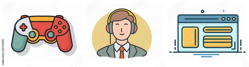 Leinwandbilder Three icons depict a game controller, a person with headphones, and a browser window, representing digital media and online interaction.