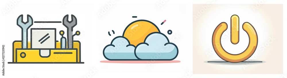 Poster Three vector icons depict a toolbox with wrenches, sun behind clouds, and a power button against a soft background.