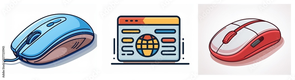 Leinwandbilder Three computer icons showing blue and red computer mice flanking a browser window with a globe inside, representing internet browsing tools.