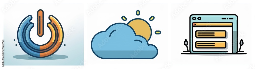 Poster three icons depict digital actions: a blue and orange power symbol, a cloud with a yellow sun, and a