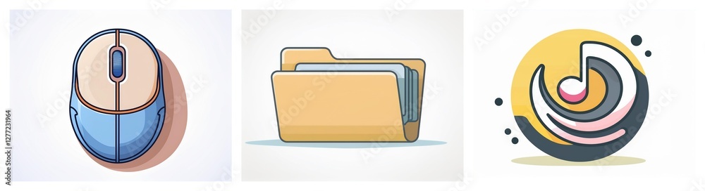 Leinwandbilder Three vector icons in a row depict a computer mouse, a file folder, and a stylized musical note inside a circle shape.