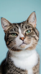 Fototapeta premium Close-up of a content tabby cat with green eyes against a blue background