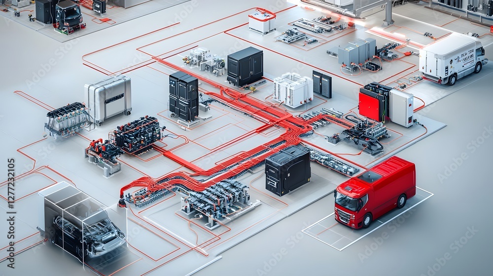 Poster Highly detailed 3D isometric rendering showcasing the intricate power distribution system of an electric vehicle