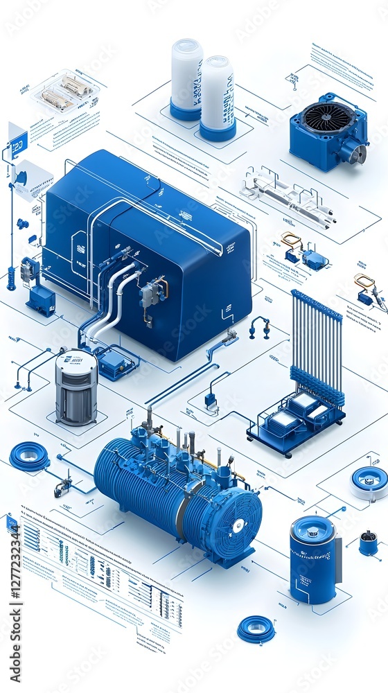 Poster Highly detailed and intricate isometric showcasing the complex engineering and machinery involved in an advanced industrial cooling process system  The image depicts the various components pipelines