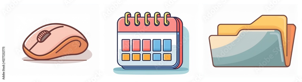 Fototapete Cartoon icons depict a computer mouse for navigation, a calendar to track dates, and file folders for document organization.