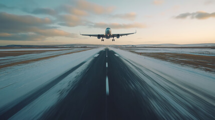 Naklejka premium Airplane ascending on blurred runway at sunrise – travel and aviation theme