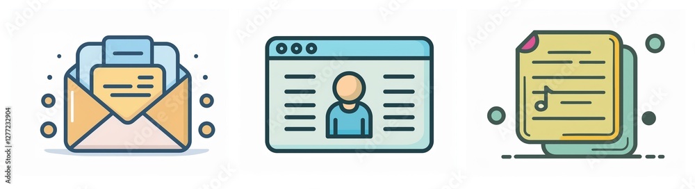 Poster three icons depicting digital communication and data. an envelope with letters, a user profile page,