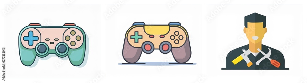 Aufkleber three vector icons showcase gaming controllers in teal and beige, and a person icon with crossed ham