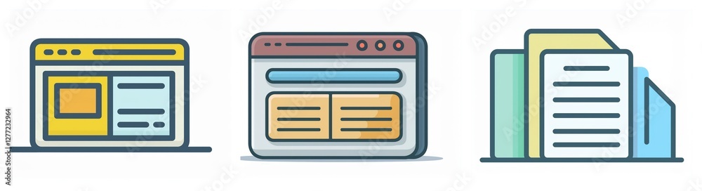 Fototapete Three icons depict digital interface elements.  Two represent browser windows with different layouts and one shows a stack of documents or files.