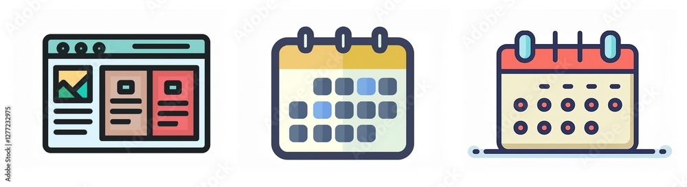 Poster Three vector icons depict a webpage layout and two calendars, one yellow and one red. They represent scheduling, appointments, and digital organization.