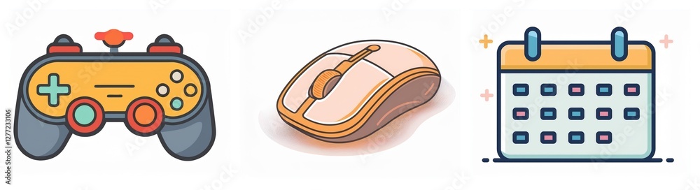Poster three vector icons depict gaming, computing, and scheduling. a game controller, mouse, and calendar,