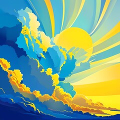 A radiant sun shines in a sky filled with colorful clouds, creating a lively atmosphere. The hues of blue, yellow, and pink blend beautifully, enhancing the serene afternoon vibe. Generative AI