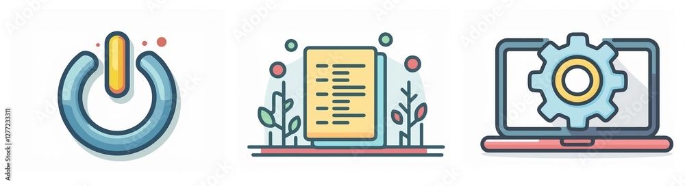 Leinwandbilder three colorful icons depict digital process: power button for start, document for content, laptop wi