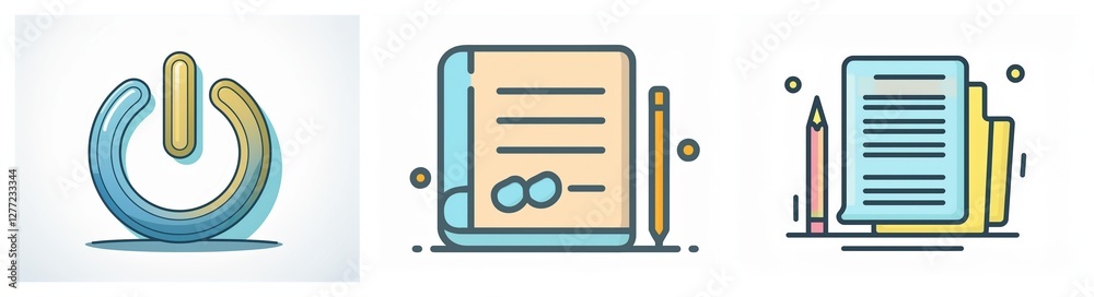 Aufkleber three icons depict digital actions: power symbol, document with signature, and stack of files with p