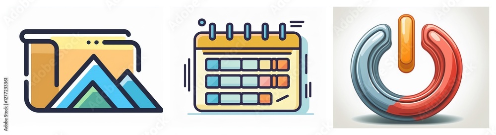 Poster three vibrant icons represent a landscape picture, a calendar for scheduling, and a power button for