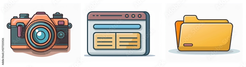 Fototapete Three digital icons depict a camera for photos, a browser window for internet, and a folder for files, representing media and data management.