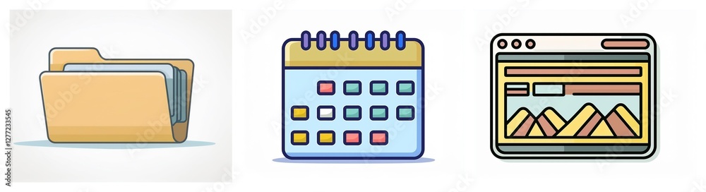 Aufkleber Three icons illustrate digital tools: a file folder for document organization, a calendar for scheduling, and a browser window for online access.