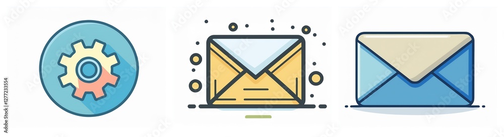 Aufkleber three icons depict settings as a gear, an open envelope, and a closed envelope, representing email, 
