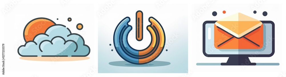 Poster vector icons set: weather with sun and cloud, power button, and email on computer screen, in a flat 