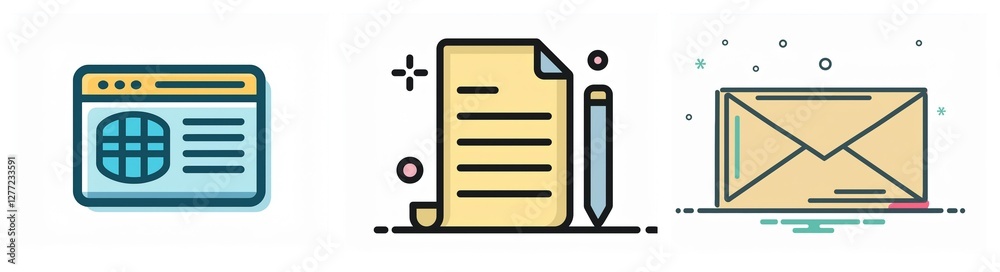 Leinwandbilder three icons illustrate online communication and content creation: web browser, document with pencil 