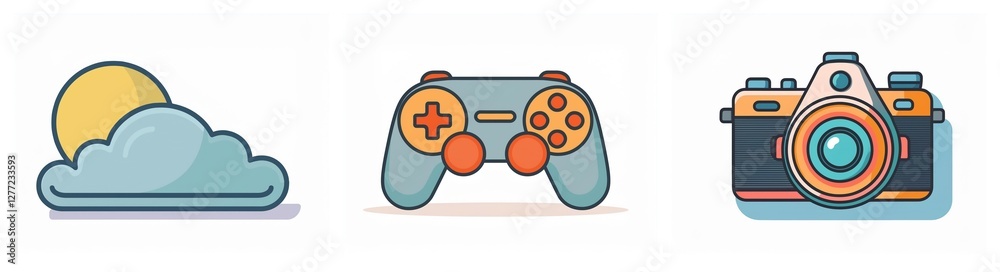 Poster three vector icons depict weather, gaming, and photography. a sun peeks from behind a cloud, a game 