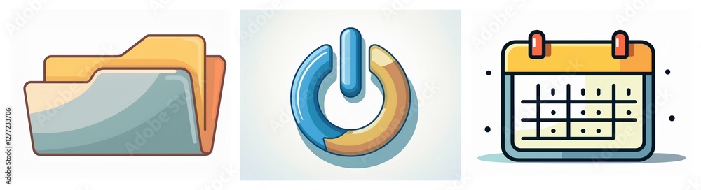 Aufkleber three icons depict file organization, system control, and scheduling. a folder, power symbol, and ca