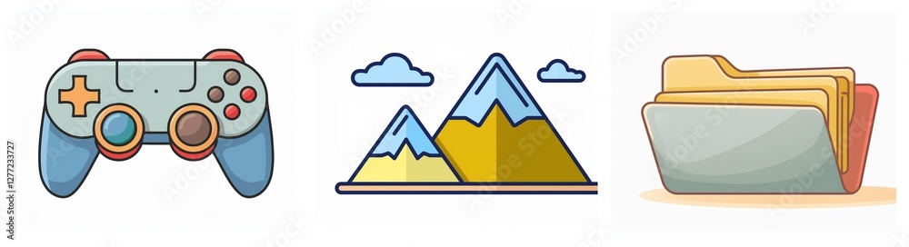 Poster Three icons in a row: a blue game controller, mountains with clouds, and an open folder.  All icons are simple, cartoonish and isolated on a white background.