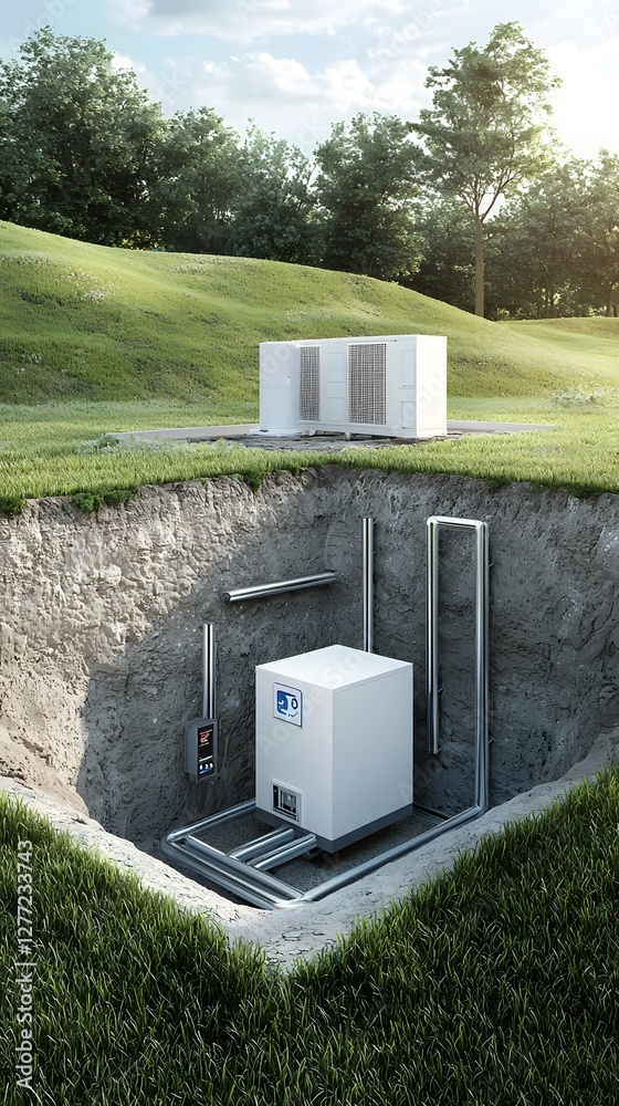 Poster innovative underground geothermal cooling system integrated into an eco friendly building showcasing