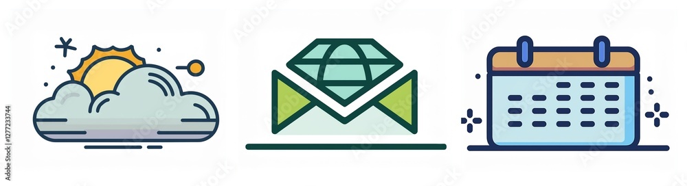 Poster three icons represent weather with sun and cloud, email with a diamond inside an envelope, and a cal