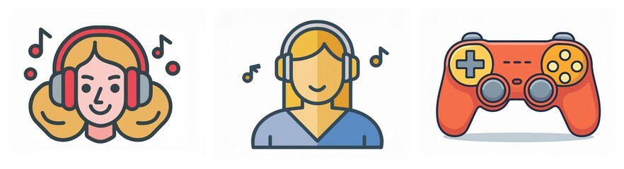 Fototapeta premium Three outlined icons depict people enjoying music with headphones and a classic game controller, representing entertainment and leisure.