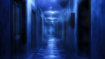 Dimly lit corridor with multiple doors creating eerie atmosphere. Surrealist Endless Corridor. Illustration