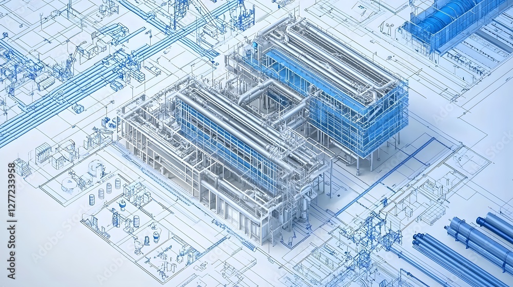 Poster isometric blueprint diagram showcasing the detailed pipe layout and mechanical system design of a multi floor commercial building or facility